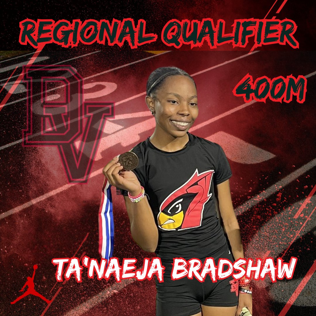 DV Lady Cardinals advances to Regionals. Ta'Naeja Bradshaw in the 400m dash. 4x2 &amp; 4x4 qualified. The 4x4 ran their PR, less than 1 second away from breaking the school record! Ta'Naeja Bradshaw, Jayda Flemming, Ja'Niyah Anderson, Nia Goode. #Blessed
#BirdGang