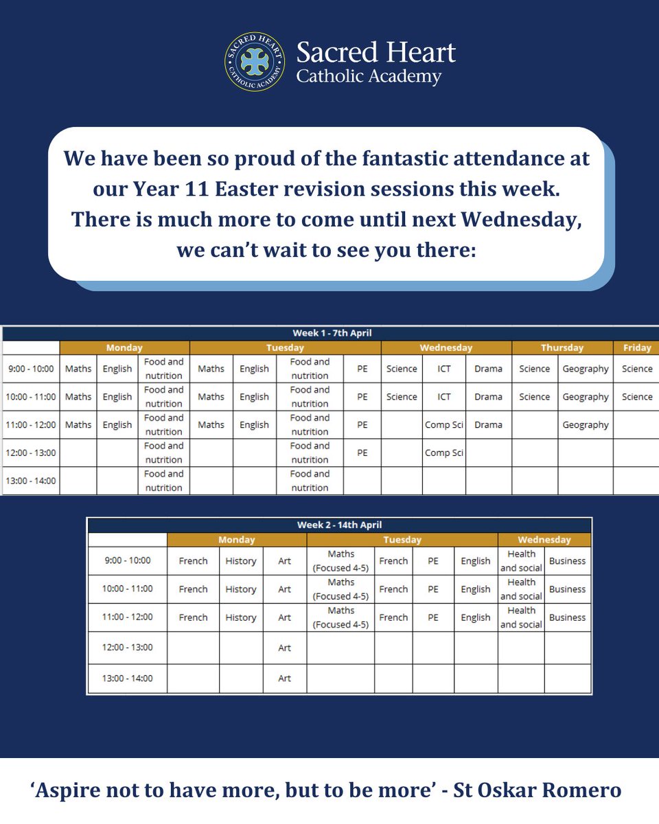 We have been so proud of the fantastic attendance at our Easter #revision sessions.

✍️All Year 11 students are welcome to attend as many as they wish from our fantastic range - thank you to families for supporting this attendance.

#ToBeMore #GCSERevision #StudentSuccess