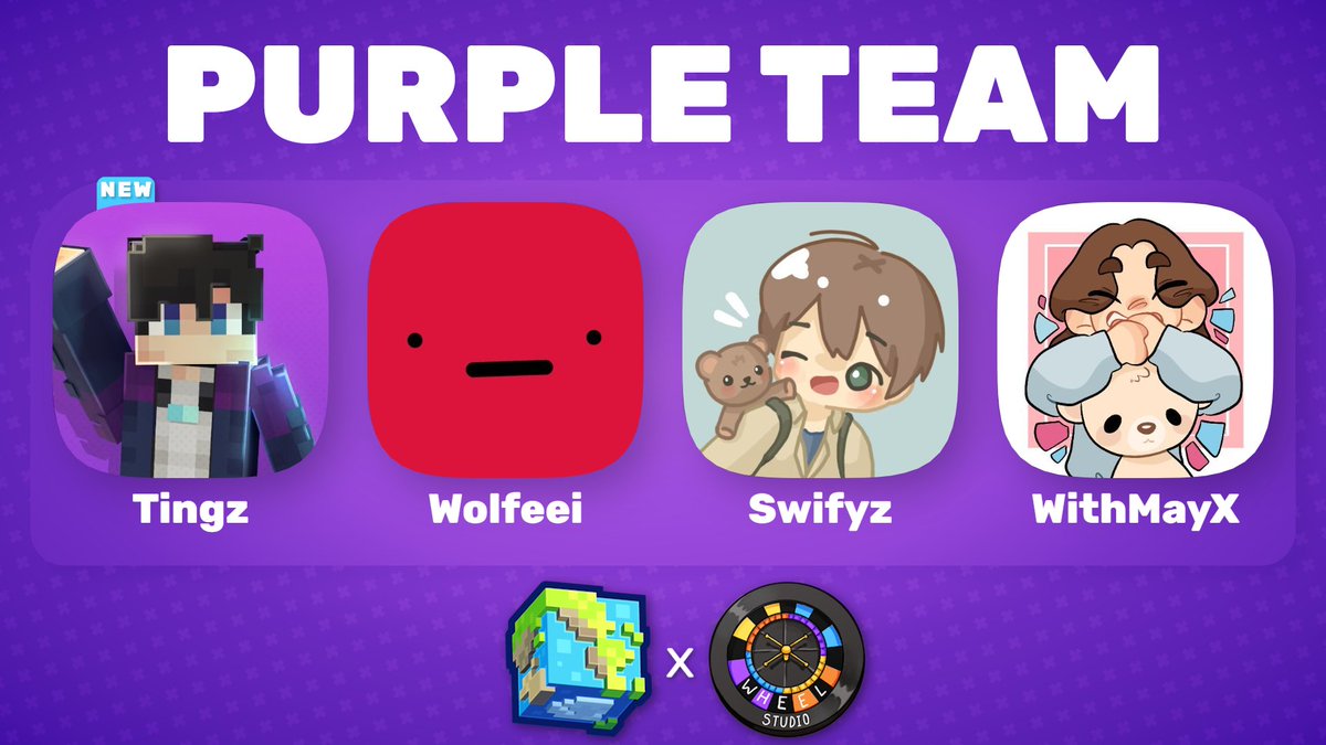 🍇 Introducing: Purple Team

<a href="/tingzminecraft/">tingz</a>  <a href="/WoIfeei/">Wolfeei</a>  <a href="/OfficialSwifyz/">Swifyz</a>  <a href="/WithMayX/">WithMayX</a> 

Watch them compete in BiomeBattle x The Wheel
Tomorrow at 4:00pm EDT // 9:00pm BST