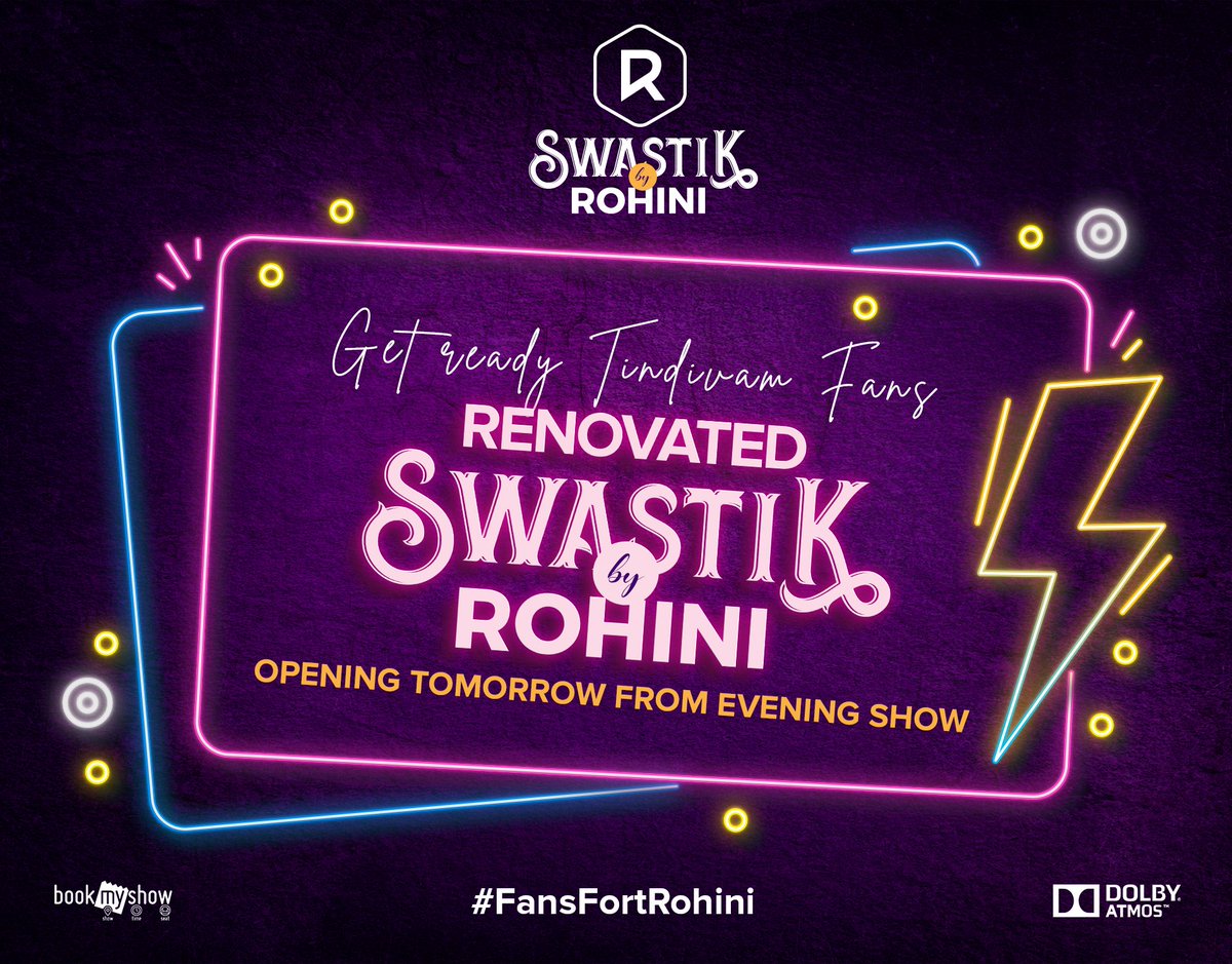 🎉 Exciting News for Tindivanam Movie Lovers! 🎉

The all-new, beautifully renovated #SwastikByRohini is reopening its doors starting tomorrow evening!
Kicking off with the much-awaited film #GoodBadUgly – don’t miss the action on the big screen! 

#FansFortRohini