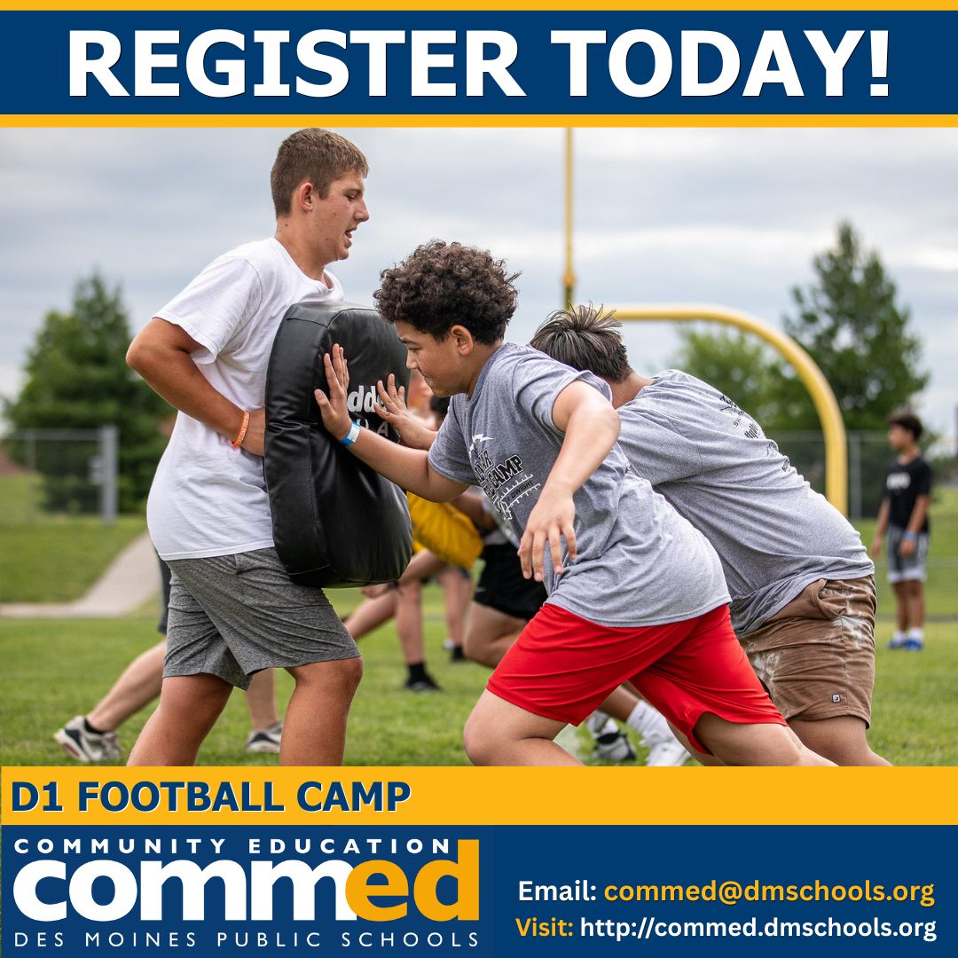 DMPS Community Ed (@dmpscommunityed) on Twitter photo 🏈 Incoming 7th & 8th graders—gear up for D1 Summer Football Camp! 🏃♂️💥
June 9–13 | Mon–Fri | 8:30–10:30 AM | Mediacom Stadium
Sharpen skills, speed & agility!
Register now: commed.dmschools.org
<a href="/DMschools/">DM Public Schools</a> <a href="/dmpsactivities/">@DMPSActivities</a>
#YouthFootball #DMPS #SummerCamp #TrainLikeAD1 🏈 Incoming 7th & 8th graders—gear up for D1 Summer Football Camp! 🏃♂️💥
June 9–13 | Mon–Fri | 8:30–10:30 AM | Mediacom Stadium
Sharpen skills, speed & agility!
Register now: commed.dmschools.org
<a href="/DMschools/">DM Public Schools</a> <a href="/dmpsactivities/">@DMPSActivities</a>
#YouthFootball #DMPS #SummerCamp #TrainLikeAD1