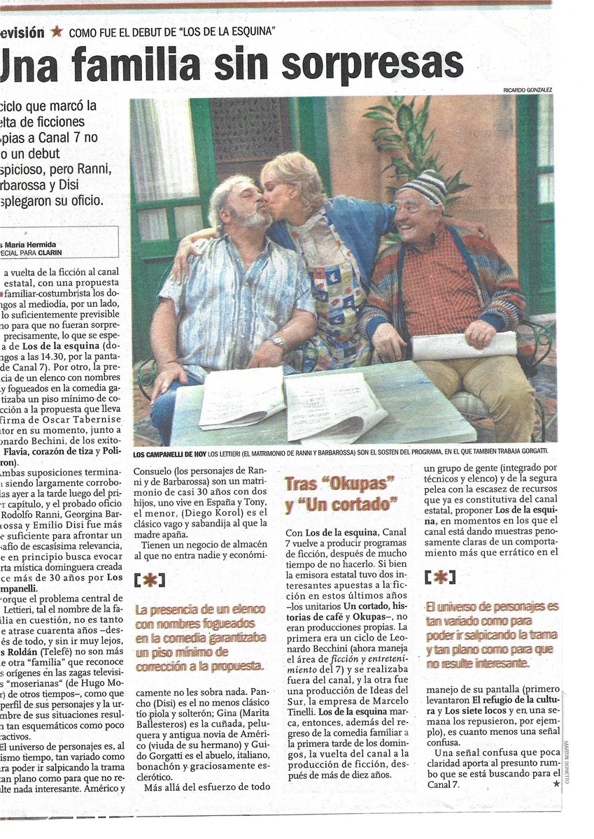 TintaOjo's tweet photo. Ese extraño artefacto llamado "costumbrismo dominguero" tuvo en 2004 en la pantalla de #Canal7 su exponente con "Los de la esquina".
Cuadro de honor para #RodolfoRanni como patriarca Tano parte también de esta familia que, una década después reincidiria en "Los Grimaldi". https://t.co/X6hpa3V6RY