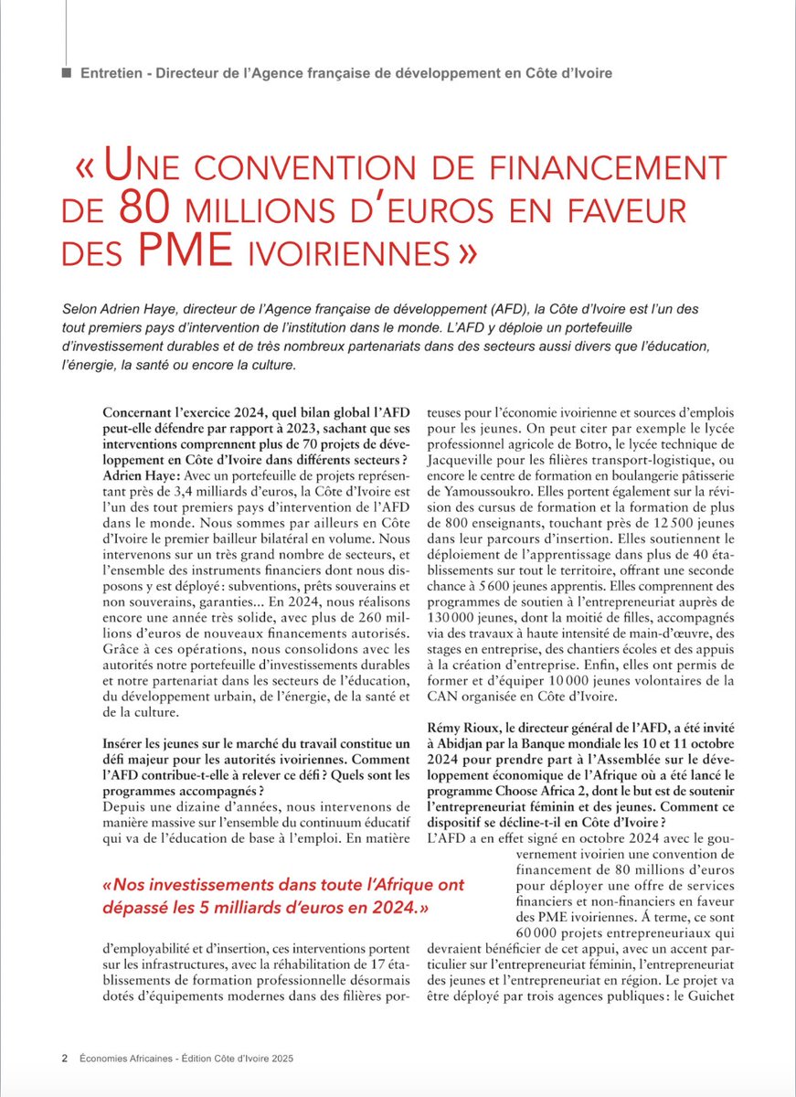 FranceCIV's tweet photo. ➡️“60 000 projets d’entrepreneuriat devraient bénéficier d’un appui avec #ChooseAfrica 2”
🗞️👇Retrouvez dès maintenant l’entretien exclusif du Directeur de l’@AFD_France 🇨🇮 @adrienhaye avec #ÉconomiesAfricaines pour tout savoir des projets soutenus par l’AFD en Côte d’Ivoire. https://t.co/h9DkTLpLvO