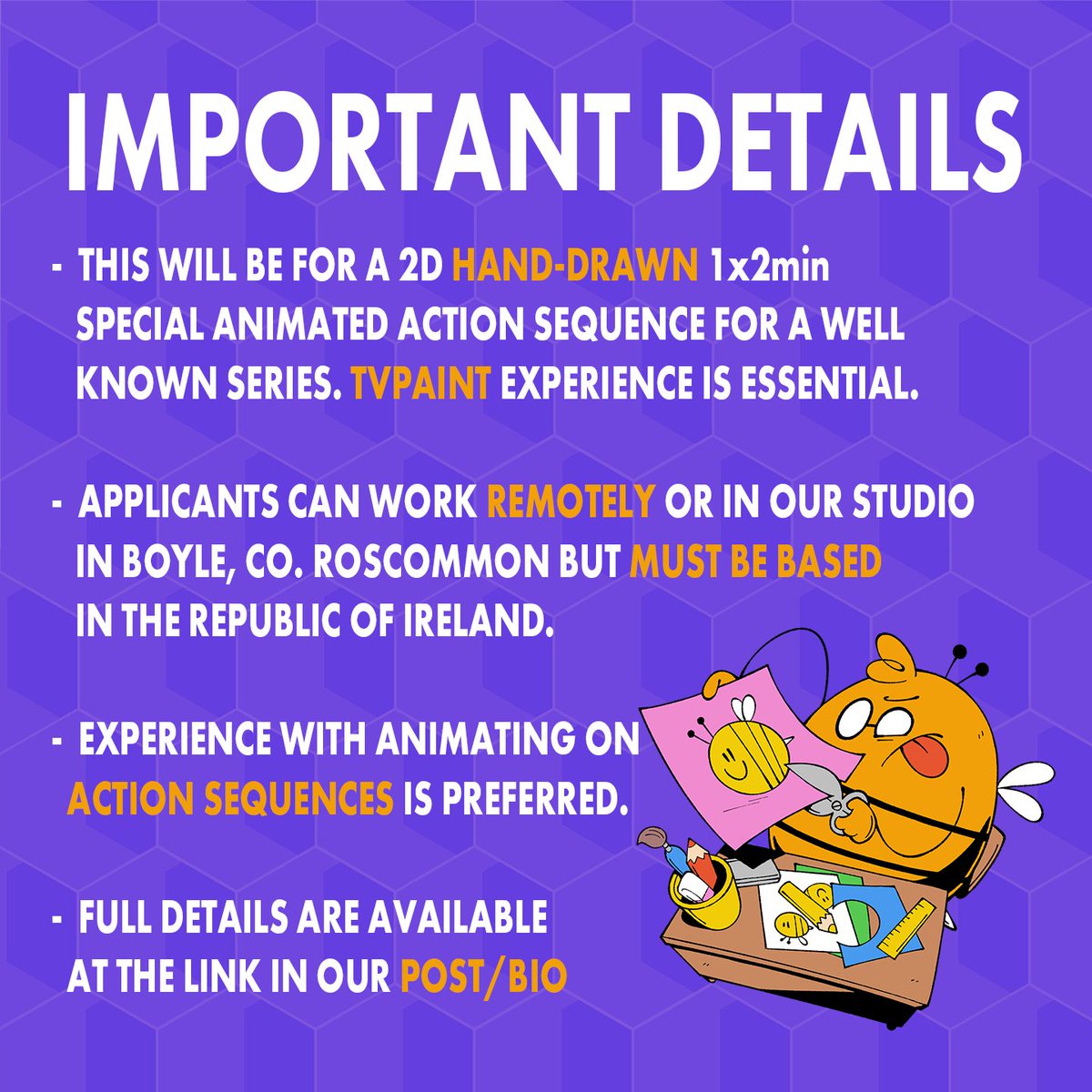 🐝WE'RE HIRING🐝

We're looking for some 2D Animators for a hand-drawn 1 x 2 mins special animated action sequence for a well known series from May 2025🎨

Full details and application available here:
forms.gle/aiwzEHaQHUXpxj…

Good luck!✌️

#animationjobs