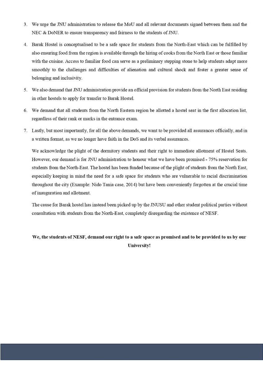 NESF_JNU's tweet photo. The Official statement of the NESF, JNU against the unprecedented move of the JNU admin in refusing Reservation to the students of the North-East in Barak Hostel as promised and betraying their verbal assurance of not releasing the Hostel Allotment List before a meeting with NESF https://t.co/l7mEKhOEAN