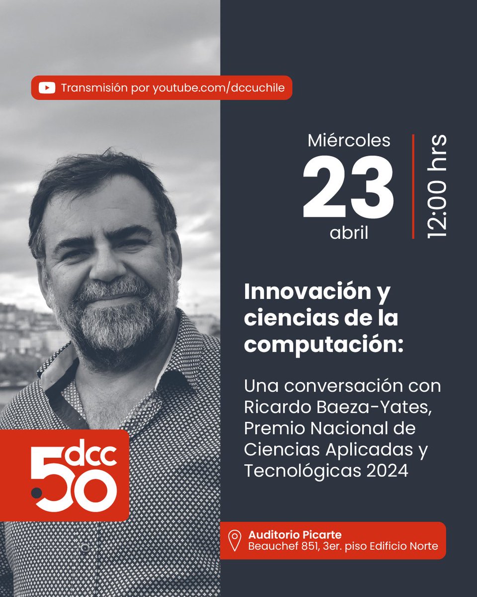 ¡Agéndalo! | El profesor Ricardo Baeza-Yates <a href="/PolarBearby/">Ricardo Baeza-Yates</a> nos vista en el #dccuchile   

🗓️ Miércoles 23 de abril
⏰ 12 horas 
📍 Auditorio Picarte 
📱 Transmisión por youtube.com/dccuchile
📌Más información: comunicaciones.dcc.uchile.cl/events/ 

*Evento gratuito, no requiere inscripción.