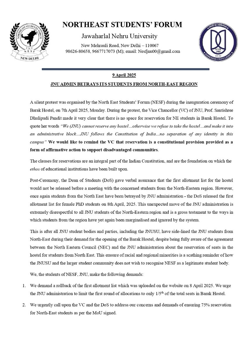 NESF_JNU's tweet photo. The Official statement of the NESF, JNU against the unprecedented move of the JNU admin in refusing Reservation to the students of the North-East in Barak Hostel as promised and betraying their verbal assurance of not releasing the Hostel Allotment List before a meeting with NESF https://t.co/l7mEKhOEAN