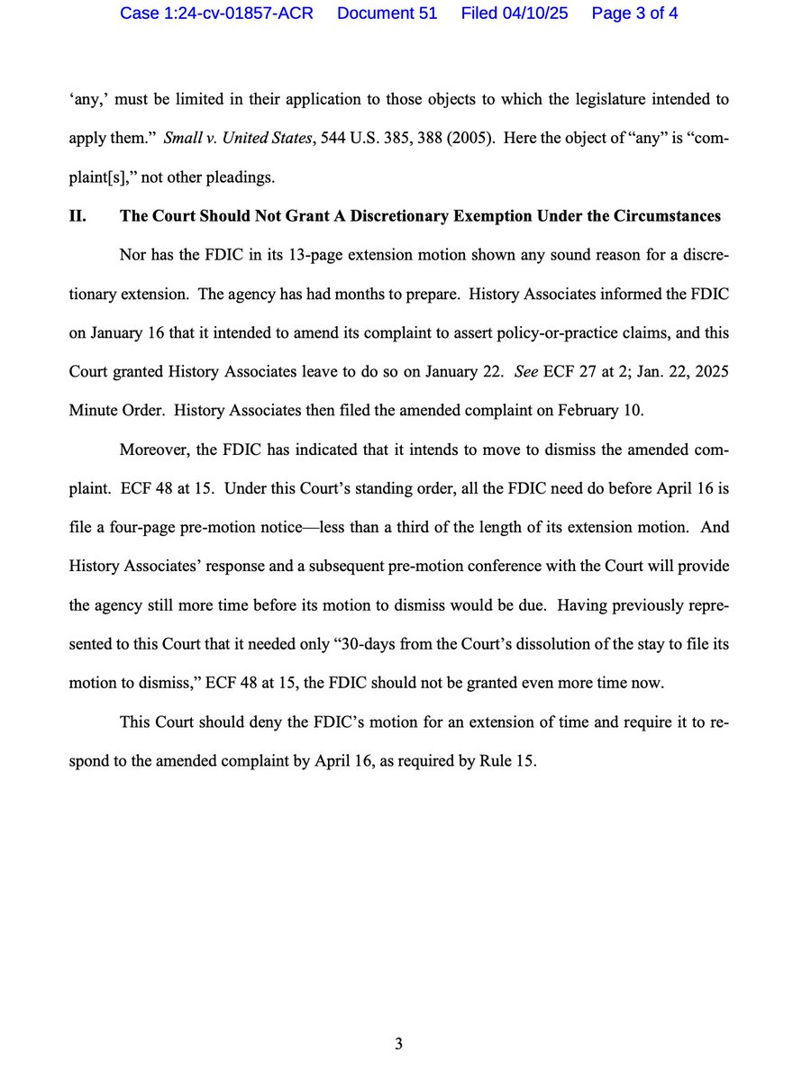 iampaulgrewal's tweet image. Parties in litigation regularly ask for reasonable extensions to deadlines--fine.  But @FDICgov just filed 13 pages in our FOIA suit asking the Court for another 16 days to decide whether to ask us for ... even more delay.  As laid out in our response, this is absurd.