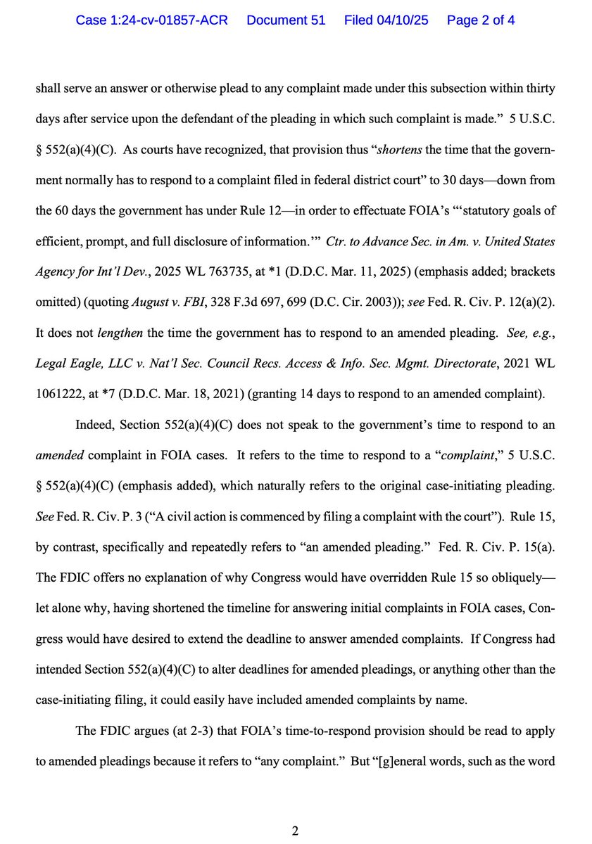 iampaulgrewal's tweet image. Parties in litigation regularly ask for reasonable extensions to deadlines--fine.  But @FDICgov just filed 13 pages in our FOIA suit asking the Court for another 16 days to decide whether to ask us for ... even more delay.  As laid out in our response, this is absurd.