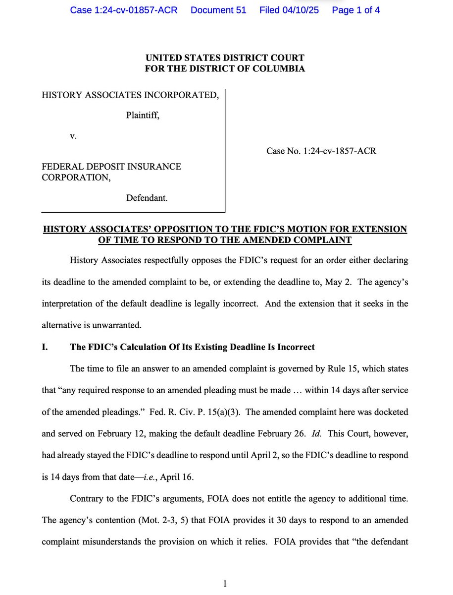 iampaulgrewal's tweet image. Parties in litigation regularly ask for reasonable extensions to deadlines--fine.  But @FDICgov just filed 13 pages in our FOIA suit asking the Court for another 16 days to decide whether to ask us for ... even more delay.  As laid out in our response, this is absurd.