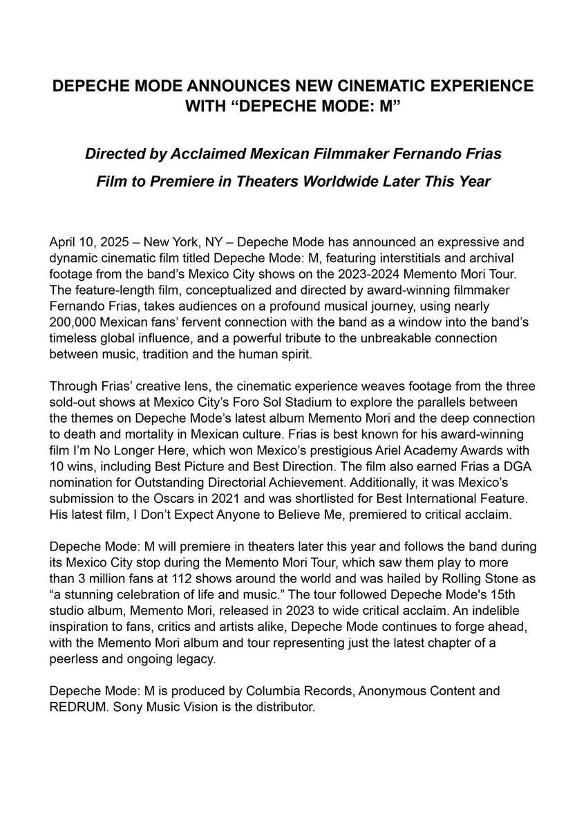 dmforumeu's tweet photo. The official press-release. 
#M #Mmovie #DepecheMode #MementoMoriTour #MementoMori #movie #concertmovie #concertfilm https://t.co/HSuEZke3nD