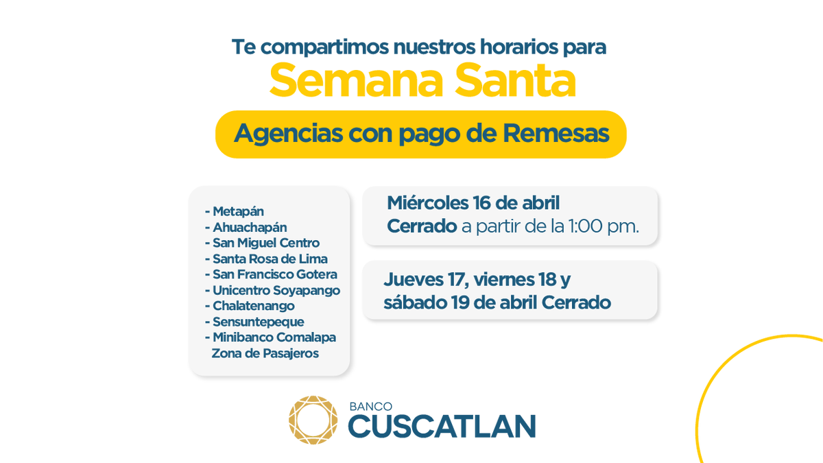 BancoCUSCATLAN_'s tweet photo. 🌴 Compartimos nuestros horarios de atención para estas próximas fechas. Recuerda que tienes a tu disposición nuestros Canales Digitales. ⛱️🌞 https://t.co/VCUr5QUFfp