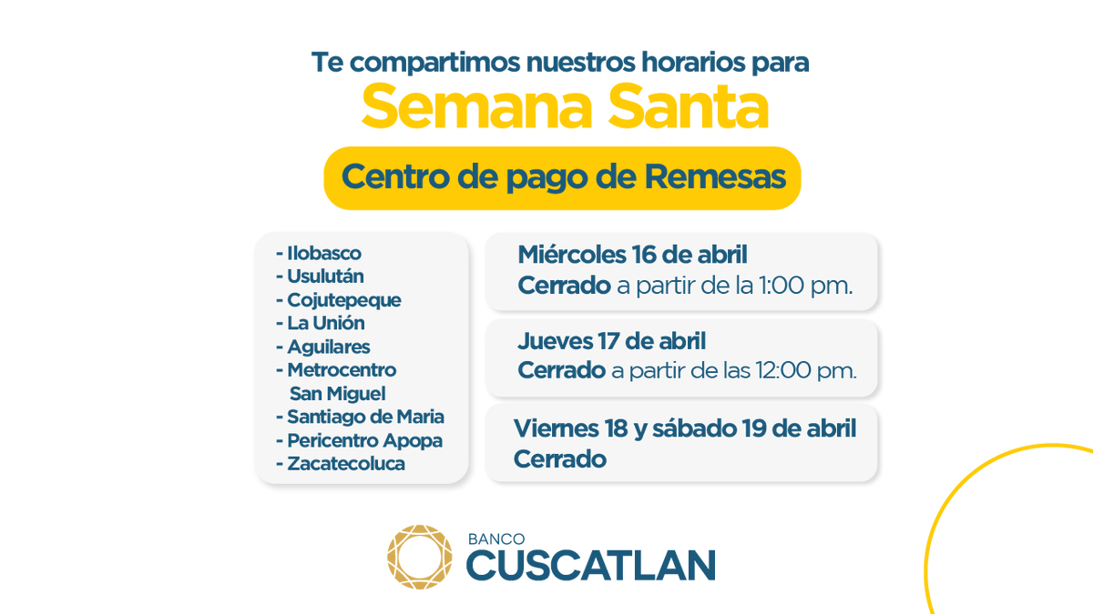 BancoCUSCATLAN_'s tweet photo. 🌴 Compartimos nuestros horarios de atención para estas próximas fechas. Recuerda que tienes a tu disposición nuestros Canales Digitales. ⛱️🌞 https://t.co/VCUr5QUFfp