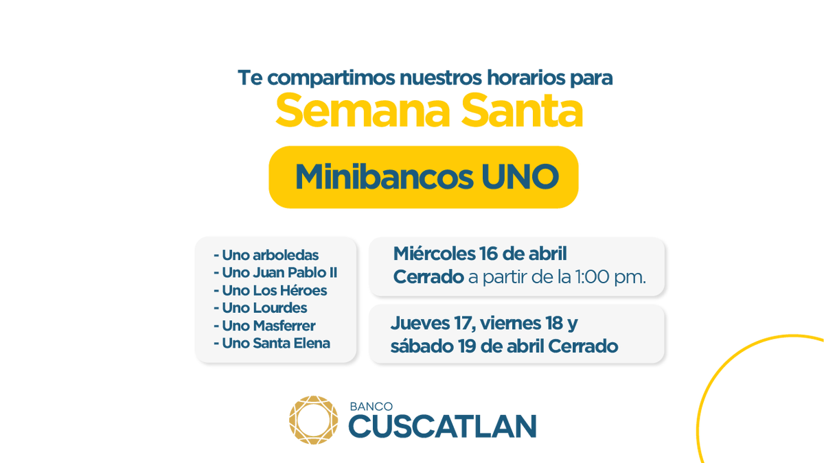 BancoCUSCATLAN_'s tweet photo. 🌴 Compartimos nuestros horarios de atención para estas próximas fechas. Recuerda que tienes a tu disposición nuestros Canales Digitales. ⛱️🌞 https://t.co/VCUr5QUFfp