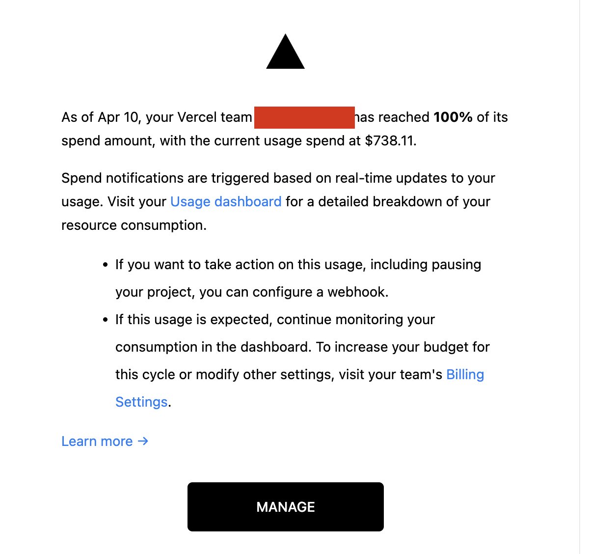 gyurisc's tweet image. I subscribe to @vercel pro for $20 per month. I also added a spending limit of $120, so no nasty surprises, right?
And then 3 hours ago I get this! WTF!
What do I do now?