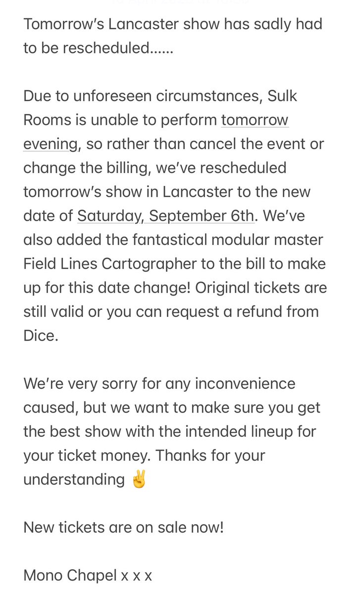 Mono Chapel (@monochapel) on Twitter photo Tomorrows show with <a href="/aslowsecret/">Richard Knox / A-Sun Amissa</a> <a href="/sulkrooms/">Sulk Rooms</a> and <a href="/jamadrianbrown/">James Adrian Brown</a> has been moved to September 6th and @flcartographer is joining the bill! Apologies for any inconvenience caused. Tickets available below 👇
link.dice.fm/c49f04d33333 Tomorrows show with <a href="/aslowsecret/">Richard Knox / A-Sun Amissa</a> <a href="/sulkrooms/">Sulk Rooms</a> and <a href="/jamadrianbrown/">James Adrian Brown</a> has been moved to September 6th and @flcartographer is joining the bill! Apologies for any inconvenience caused. Tickets available below 👇
link.dice.fm/c49f04d33333