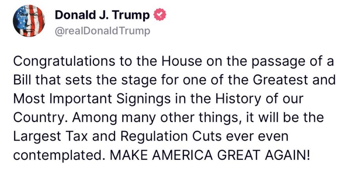 🚨President Trump following the passage of the budget resolution in the House: 

“Sets the stage for one of the Greatest and Most Important Signings in the History of Our Country.”
