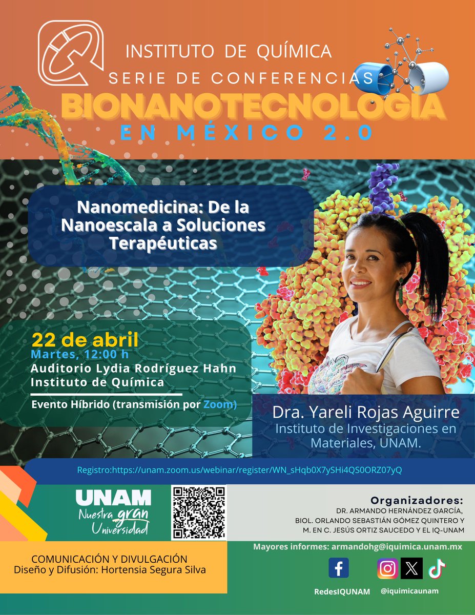 Instituto de Química (@iquimicaunam) on Twitter photo No te pierdas la conferencia del ciclo Bionanotecnología en México 2.0:
🗓️ 22 de abril | ⏰12 h
📍Auditorio #IQUNAM | 💻 Zoom
🗣️ Dra. Yareli Rojas: “Nanomedicina: De la nanoescala a soluciones terapéuticas” <a href="/iimunam/">Instituto de Investigaciones en Materiales UNAM</a>
🔗 Registro: unam.zoom.us/webinar/regist…
#Nanomedicina No te pierdas la conferencia del ciclo Bionanotecnología en México 2.0:
🗓️ 22 de abril | ⏰12 h
📍Auditorio #IQUNAM | 💻 Zoom
🗣️ Dra. Yareli Rojas: “Nanomedicina: De la nanoescala a soluciones terapéuticas” <a href="/iimunam/">Instituto de Investigaciones en Materiales UNAM</a>
🔗 Registro: unam.zoom.us/webinar/regist…
#Nanomedicina