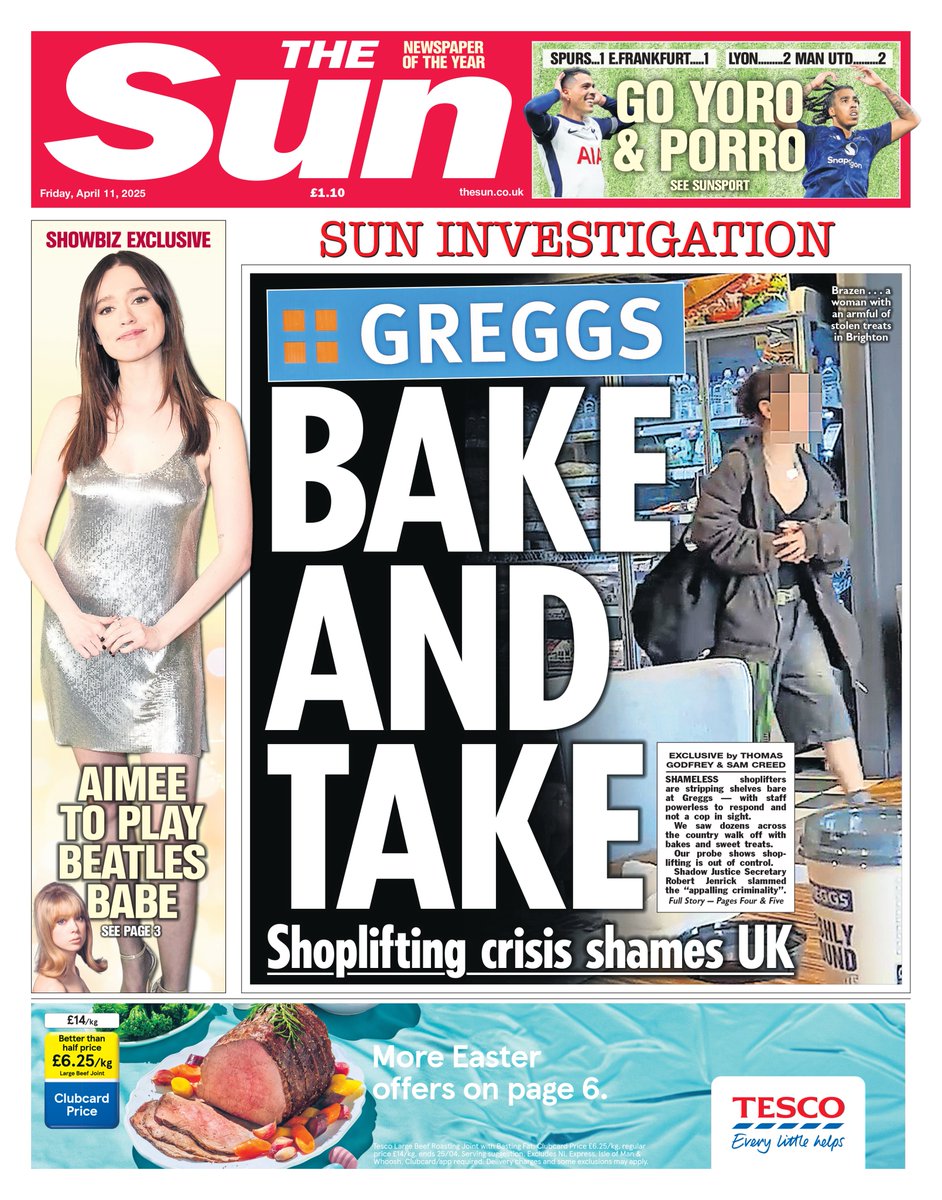 TheSun's tweet photo. Tomorrow's front page: Greggs Bake And Take

Shoplifting crisis shames UK 
https://t.co/9kWhp9ctcy https://t.co/fxn6HCr573