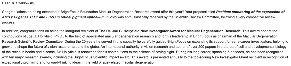 Jerzy Szablowski (@jerzyszablowski) on Twitter photo I am very thankful to <a href="/_BrightFocus/">BrightFocus Foundation</a> and their donors, for the grant we received today. Using these funds we will enable monitoring of gene expression in the intact retina to understand the molecular basis and progression of age-related macular degeneration and improve diagnosis. I am very thankful to <a href="/_BrightFocus/">BrightFocus Foundation</a> and their donors, for the grant we received today. Using these funds we will enable monitoring of gene expression in the intact retina to understand the molecular basis and progression of age-related macular degeneration and improve diagnosis.
