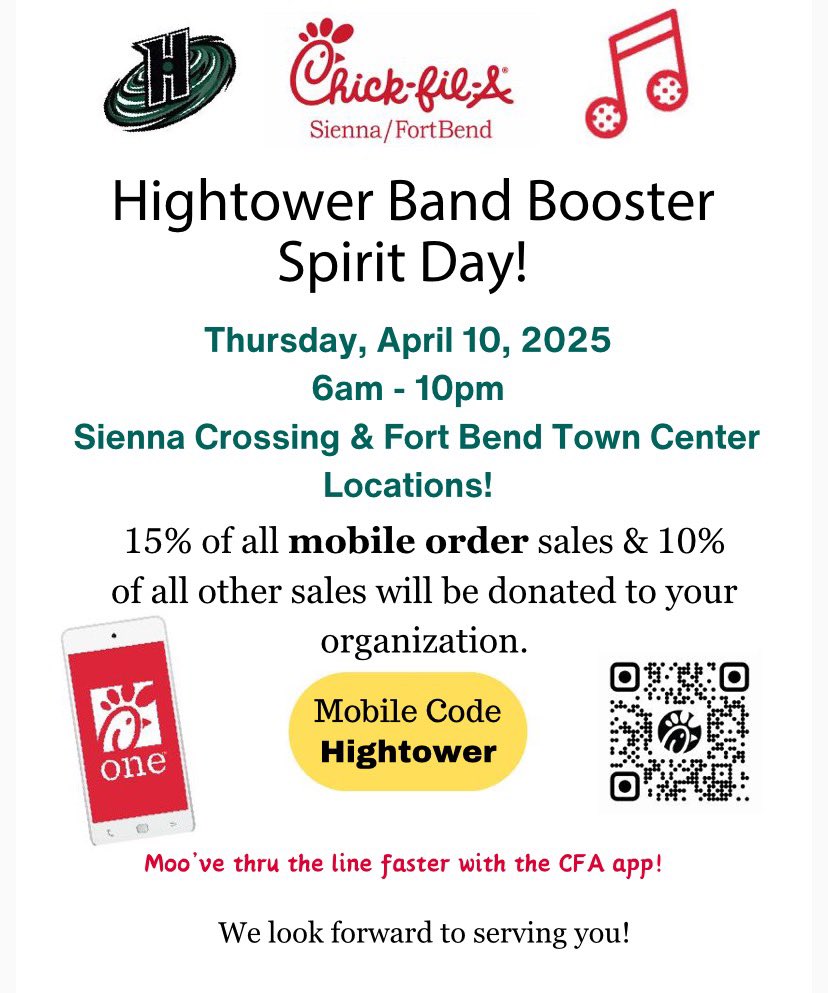 Come support the <a href="/HHS_Canes/">Hightower High School</a> Band buy eating at Chick-Fil-A tonight!!!