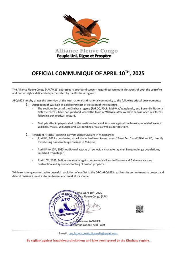 COMUNIQUÉ OFFICIEL DE L’ALLIANCE FLEUVE CONGO (AFC/M23) DU 10 AVRIL 2025

<a href="/LawrenceKanyuka/">Lawrence KANYUKA</a>