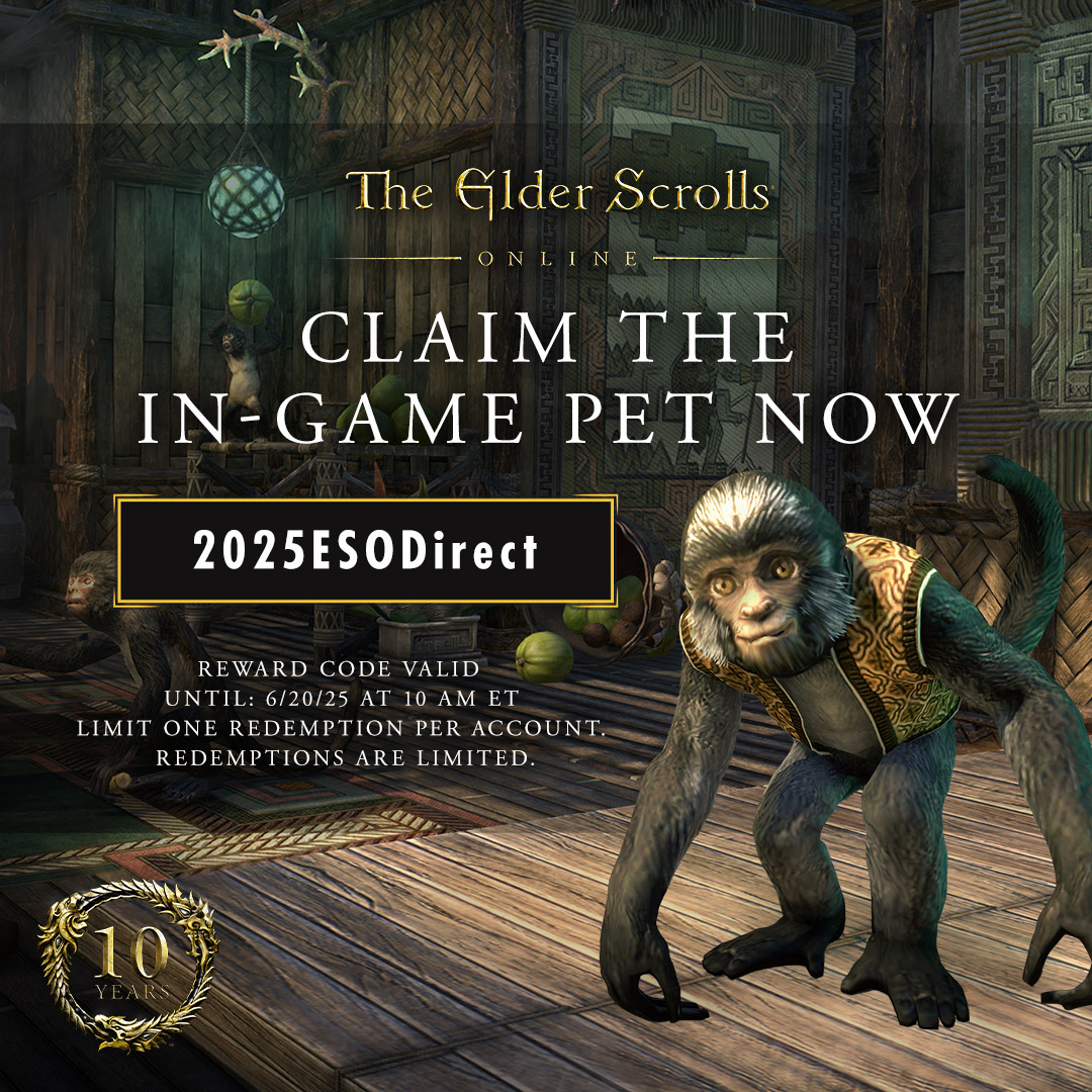 No more monkey business! 🐒 Unlock the 10-Year Anniversary Monkey pet at beth.games/4lhAjsy or in the Crown Store using the reward code: 2025ESODirect.
