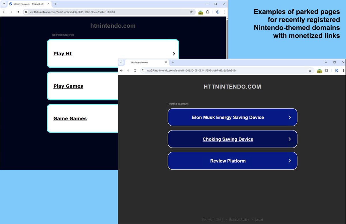 2025-04-10 (Thursday): Several recently-registered domains with "nintendo" in their names have appeared after Nintendo's Switch2 announcement. We found #phishing sites impersonating Nintendo and monetized parking pages from these domains. Details at bit.ly/42vRYV3