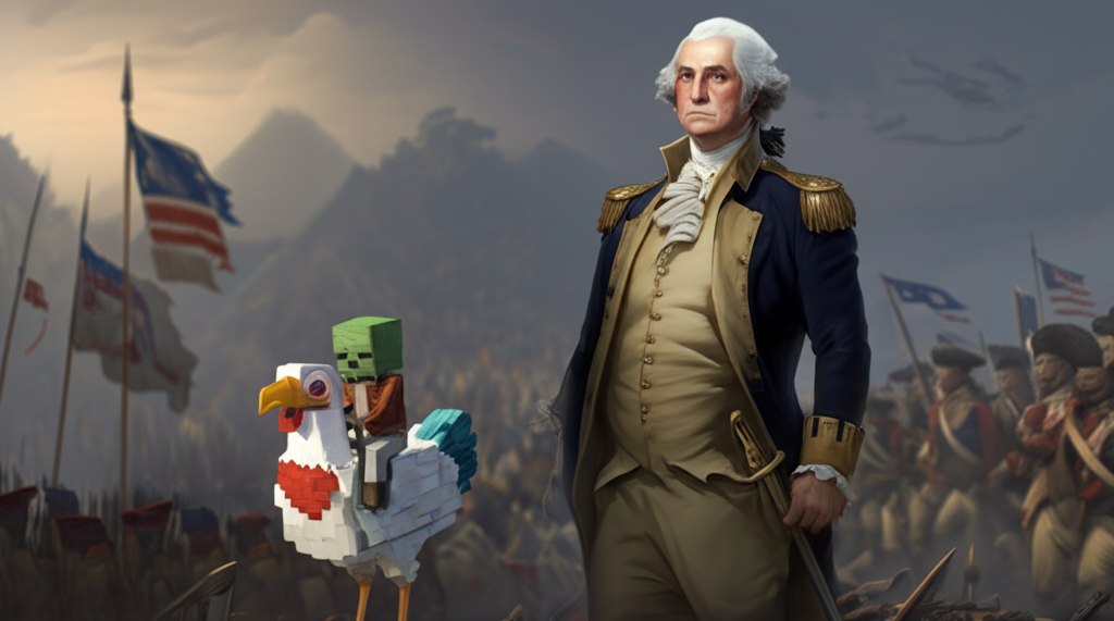 1DollarSol's tweet photo. Founding father meets feathered chaos. 
#chikenjockey #minecraft https://t.co/nPYDQ5Y0p3