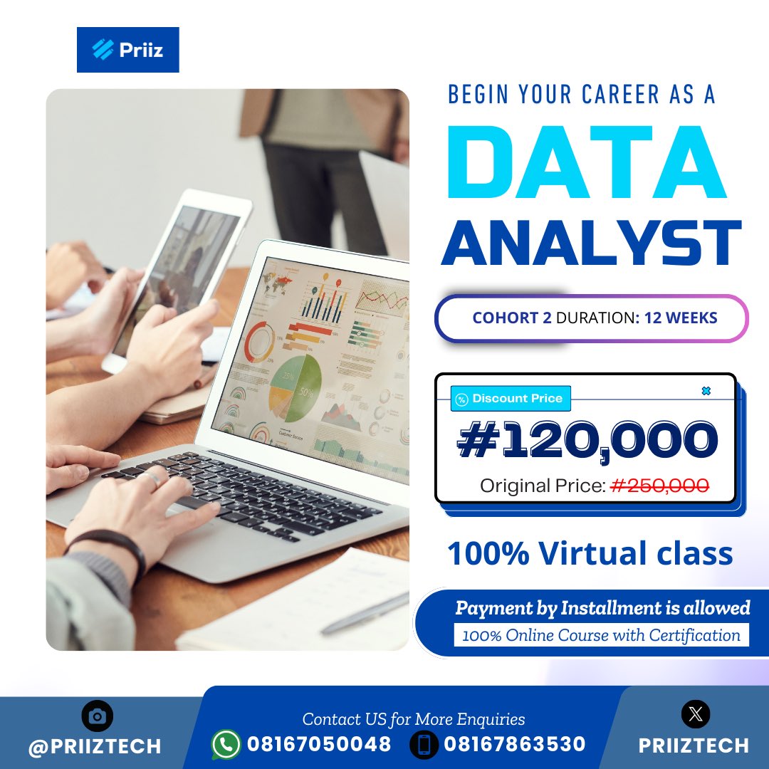 PriizTech's tweet photo. Ready to Launch Your Tech Career?

You want to become a certified DATA ANALYST 

We're excited to announce that applications are now open for our next tech cohort!

Apply now whether you're a beginner or an experienced professional https://t.co/7FDniXRmdQ