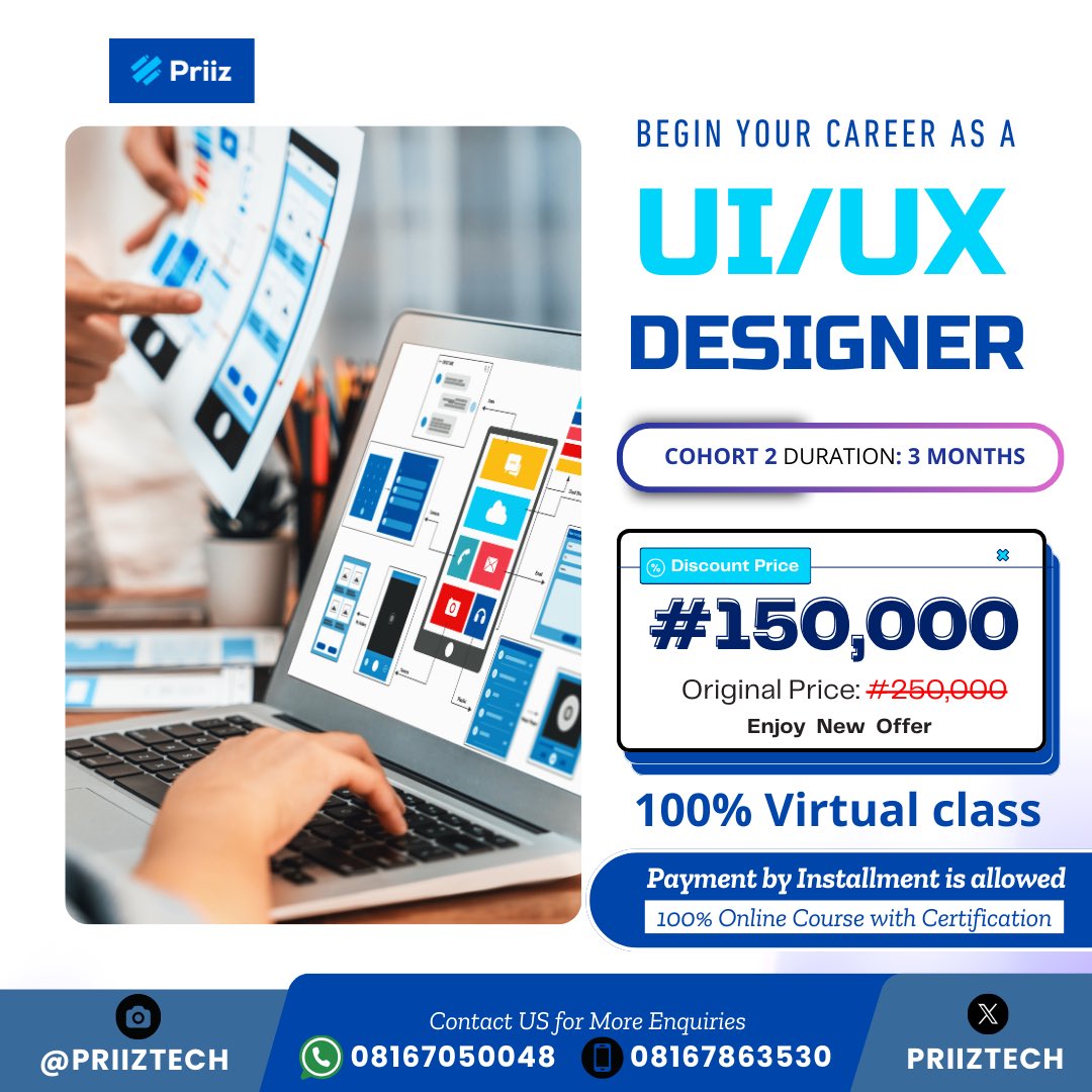 PriizTech's tweet photo. Ready to Launch Your Tech Career?

You want to become a UI/UX DESIGNER

We're excited to announce that applications are now open for our next tech cohort!

Apply now whether you're a beginner or an experienced professional https://t.co/O2AaAT7lXR