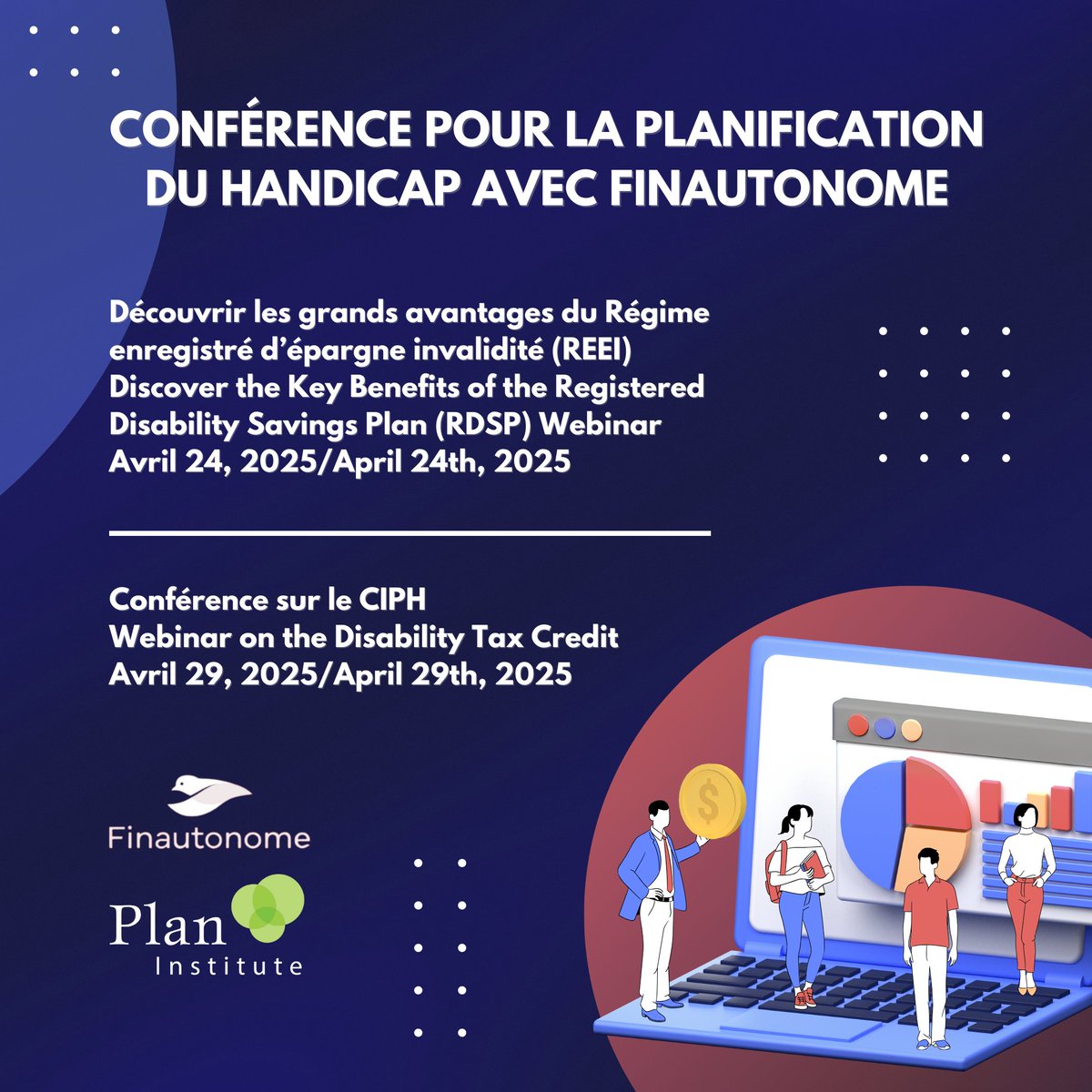 planinstitute's tweet image. En avril, nous sommes fiers de présenter deux conférences différentes avec notre partenaire Finautonome sur le régime enregistré d'épargne-invalidité (REEI) et le crédit d'impôt pour personnes handicapées (CIPH).

Toutes les conférences sont gratuites, mais l'inscription est