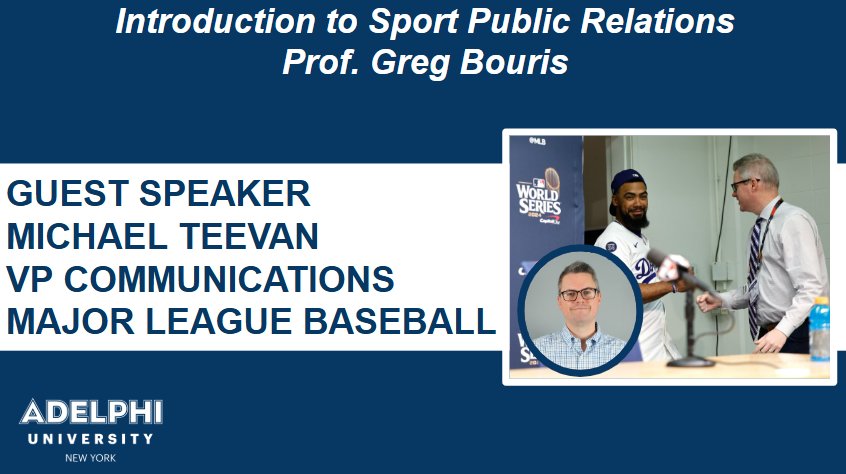 Thank you to MLB VP of Comms <a href="/MRTeevs/">Mike Teevan</a> for hitting a home run w/ students in Prof. <a href="/bourisg/">Greg Bouris</a> Sport PR class, today. 

Michael shared what life is like for <a href="/MLB/">MLB</a> PR pros and shared some timeless advice, too: "No job is too big or too small. Bring energy every day and be optimistic!"