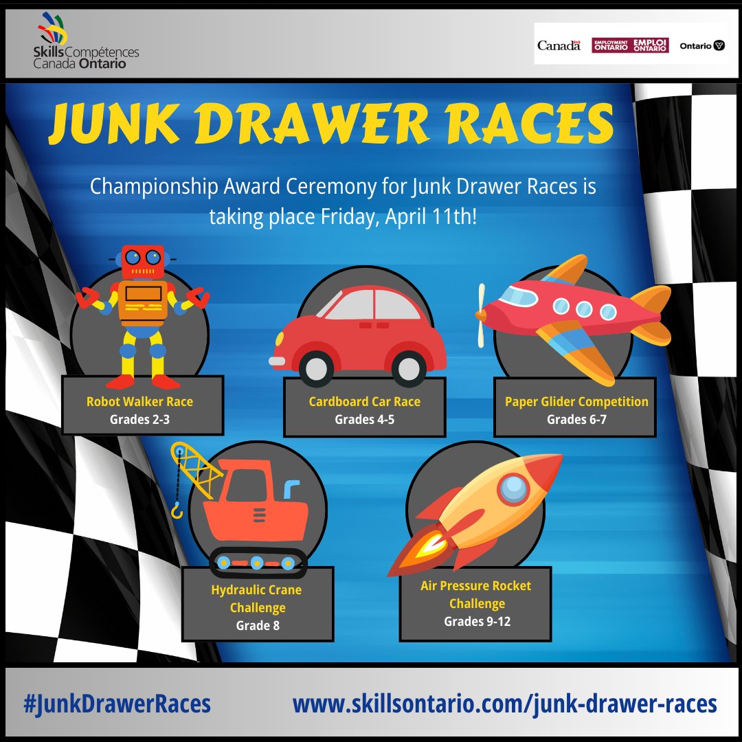 The Championship Award Ceremony for #JunkDrawerRaces is taking place Friday, April 11th. Get the link to our ceremony on the morning of April 11th on our website: skillsontario.com/junk-drawer-ra…. Good luck, everyone! 🥉🥈🥇

La cérémonie de remise des prix des #CoursesTiroirsBricàBrac