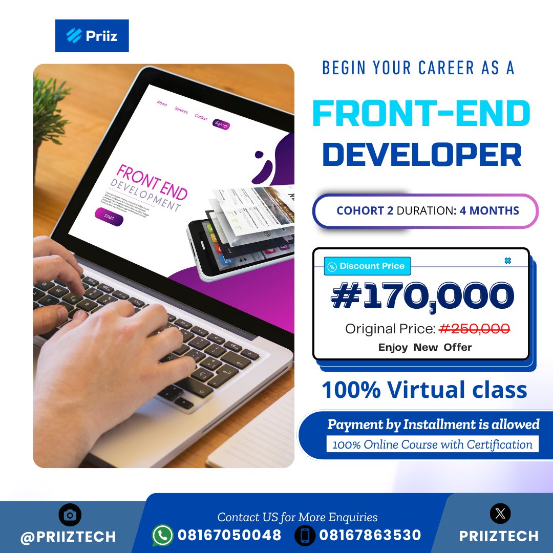 PriizTech's tweet photo. Ready to Launch Your Tech Career?

You want to become a FRONT END DEVELOPER 

We're excited to announce that applications are now open for our next tech cohort!

Apply now whether you're a beginner or an experienced professional https://t.co/P7ifUjzndR