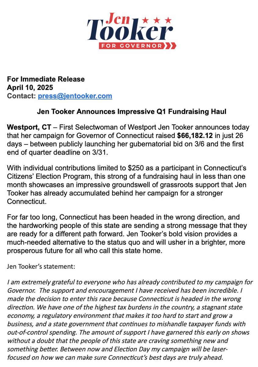 Tooker4CTComp's tweet photo. My campaign for Governor is proud to announce today that we raised over $66K between launching on 3/6 and the End of Quarter deadline on 3/31!

To all who helped make this happen: THANK YOU!

Read my full statement below: https://t.co/j96DJH2wRo