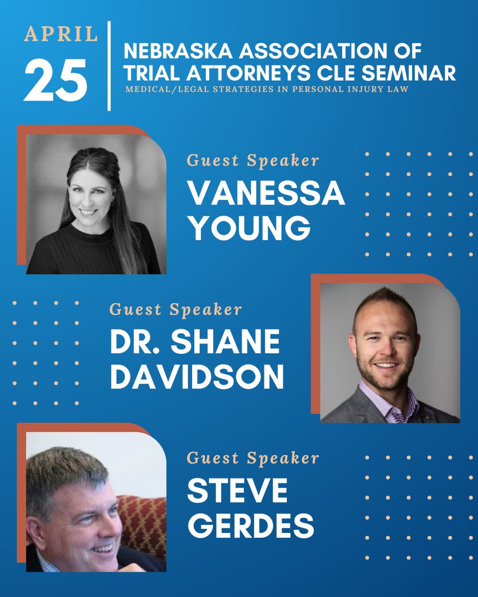 NETrialAttys's tweet image. We have many amazing speakers lined up for our April CLE Seminar on Medical/Legal Strategies in Personal Injury Law! Join us to earn 6 CLE hours and gain new insights. Register at NebraskaTrial.com