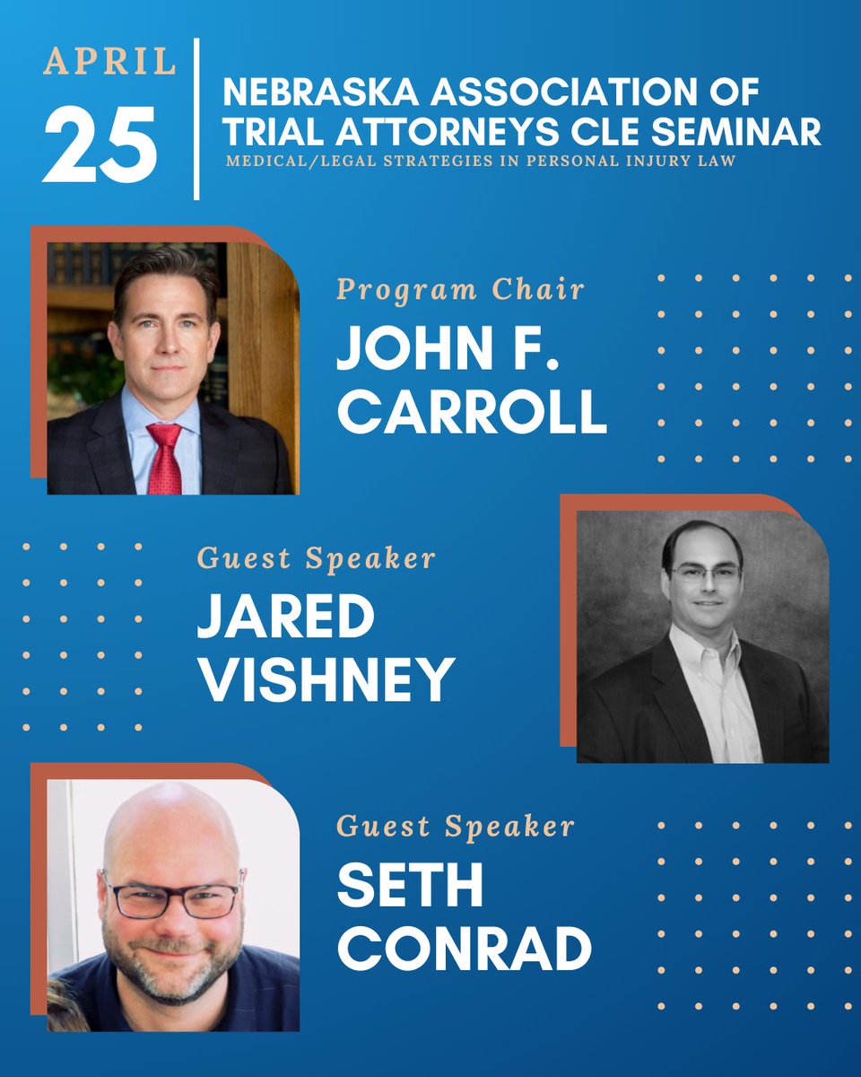 NETrialAttys's tweet image. We have many amazing speakers lined up for our April CLE Seminar on Medical/Legal Strategies in Personal Injury Law! Join us to earn 6 CLE hours and gain new insights. Register at NebraskaTrial.com