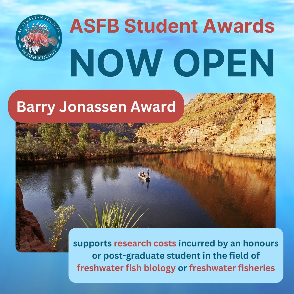 🎣 Barry Jonassen Award NOW OPEN

❓ #student #research costs for #freshwater #fish #biology
💰 AU$3,000 (winner), AU$1,500 (runner-up)
🚨 30 April

👀 asfb.org.au/awards/barry-j…