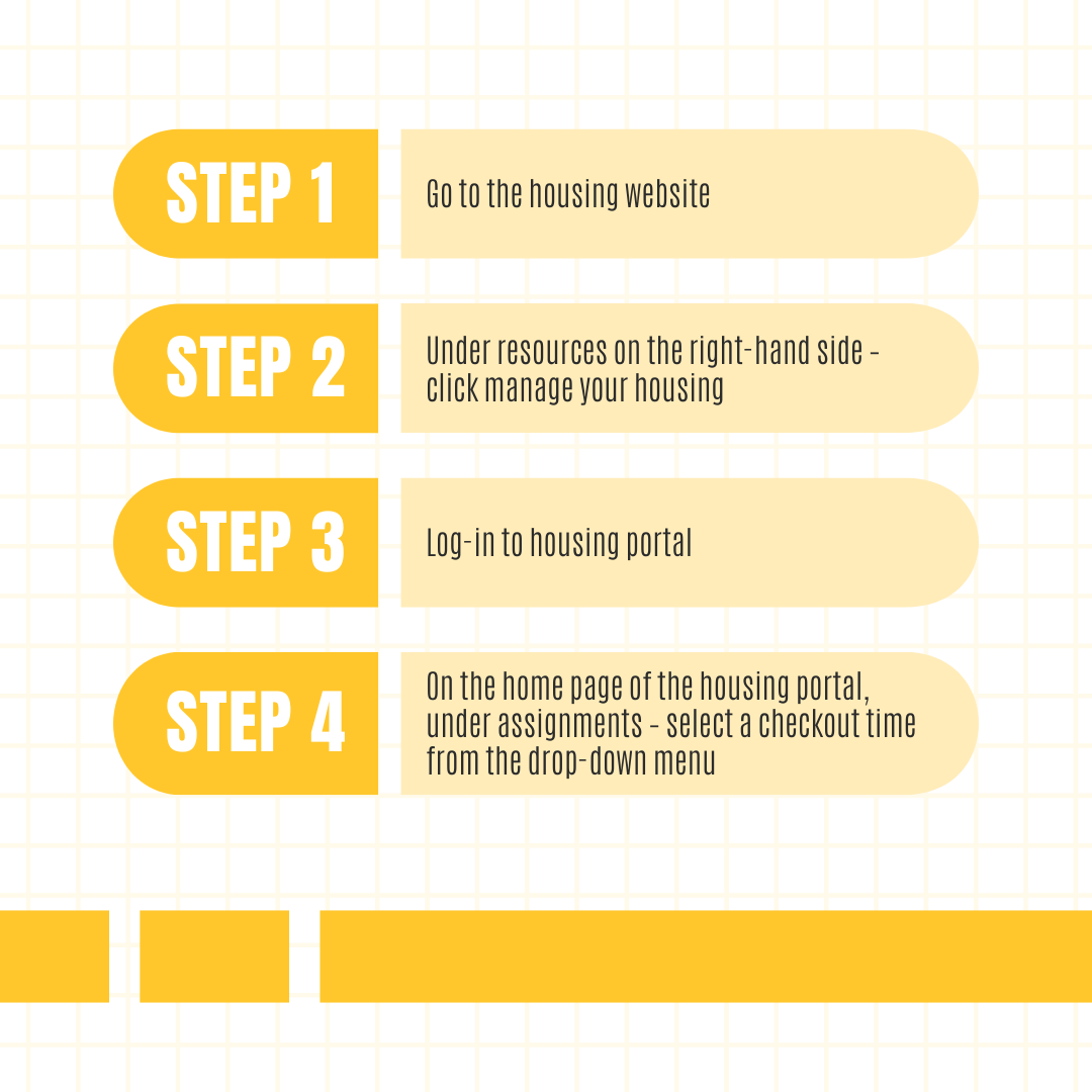 Sign up for your check out appointment ASAP! Residents who do not sign up for a check-out time by April 26 at 5pm will not be able to sign up after. Residents who fail to sign up will complete their check-out via the express process and may be subject to an improper check fee.