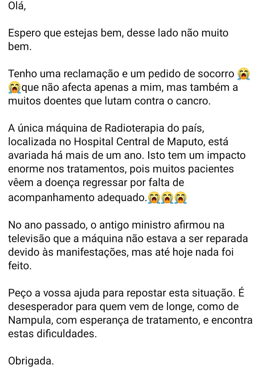 pucunuchaa's tweet photo. A única máquina de Radioterapia do país, localizada no Hospital Central de Maputo, está avariada há mais de um ano. Isto tem um impacto enorme nos tratamentos, pois muitos pacientes vêem a doença regressar por falta de acompanhamento adequado.💔 https://t.co/TO6WTI202o