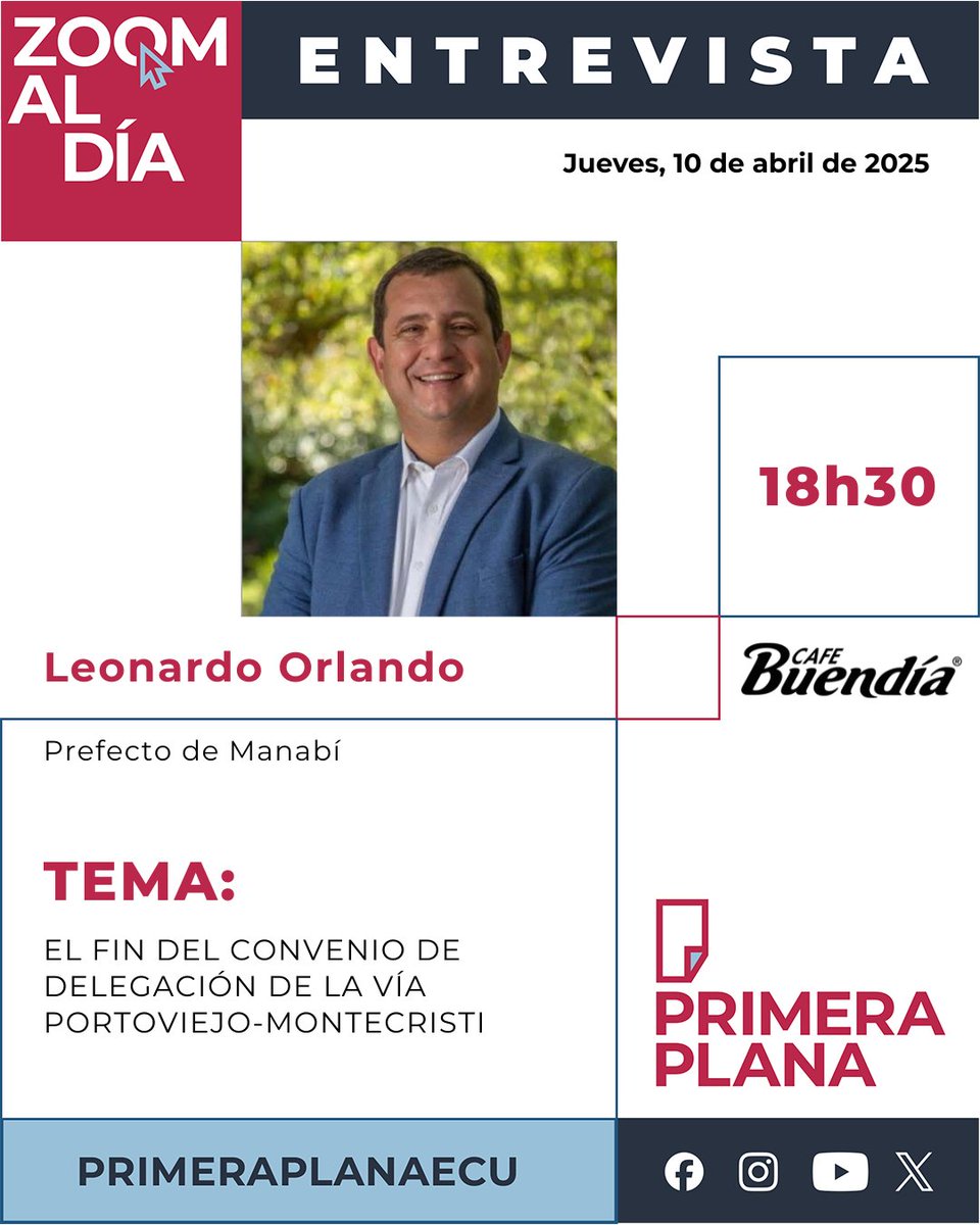 PrimeraPlanaECU's tweet photo. 🎙️#ZoomAlDía | Jueves, 10 de abril de 2025.

➡️Nos acompañará @Leoorlandoa 
 
⏰Los esperamos desde las 18h00, con @fabriciovelav y @danielmontalvoc. https://t.co/7FOFatqfjw