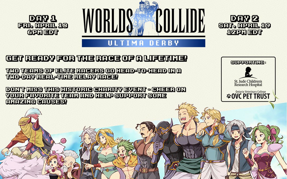 FF6_WC's tweet photo. Calling all FF6 fans: The ULTIMA DERBY is coming April 18th&amp; 19th! 🎉Join us for an epic relay race benefitting two incredible causes. The amazing kids at @StJude and the furry friends at @OVCPetTrust https://t.co/bgDBVaIDqh