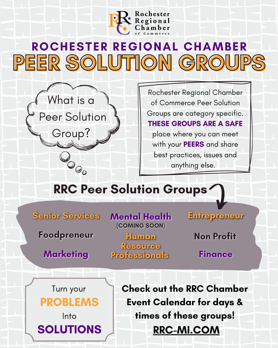 Looking for a group of like-minded individuals to collaborate and grow with? Join a RRC Peer Solution Group and unlock the power of shared knowledge and support!

Find more information about our groups here: rrc-mi.com/peer-solution-…

#rrcbacksbiz #peersolutiongroups #peersolutions