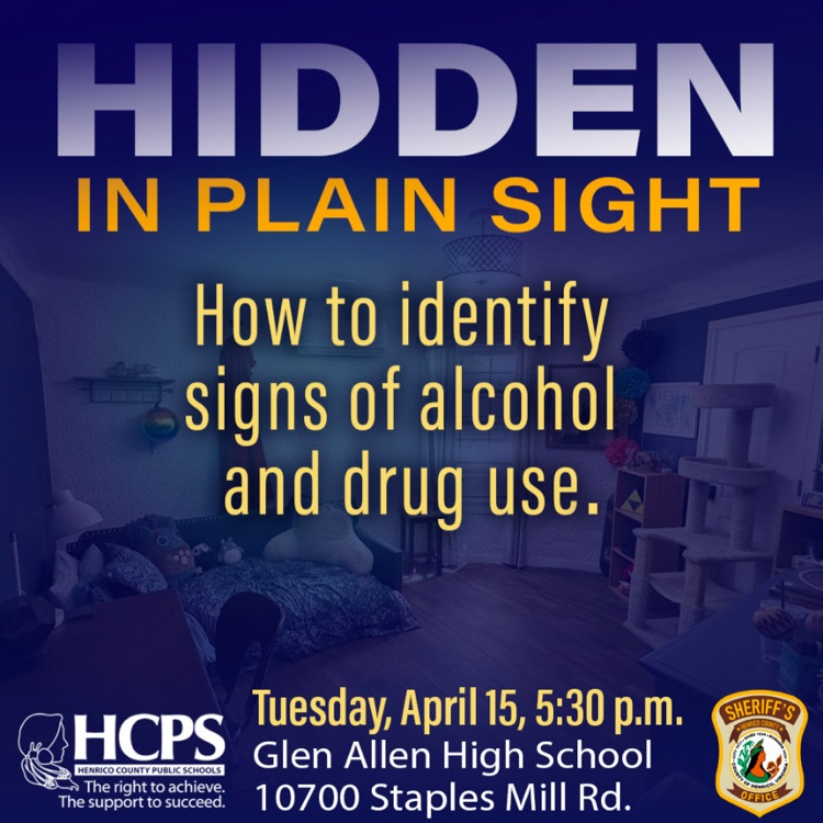 Join us for "Hidden in Plain Sight," featuring opening remarks from HCPS Superintendent, Dr. Amy Cashwell, on Tuesday, April 15, @ 5:30 PM (Meet &amp; Greet) / 6:00 PM (Presentation Begins)
at Glen Allen High School.