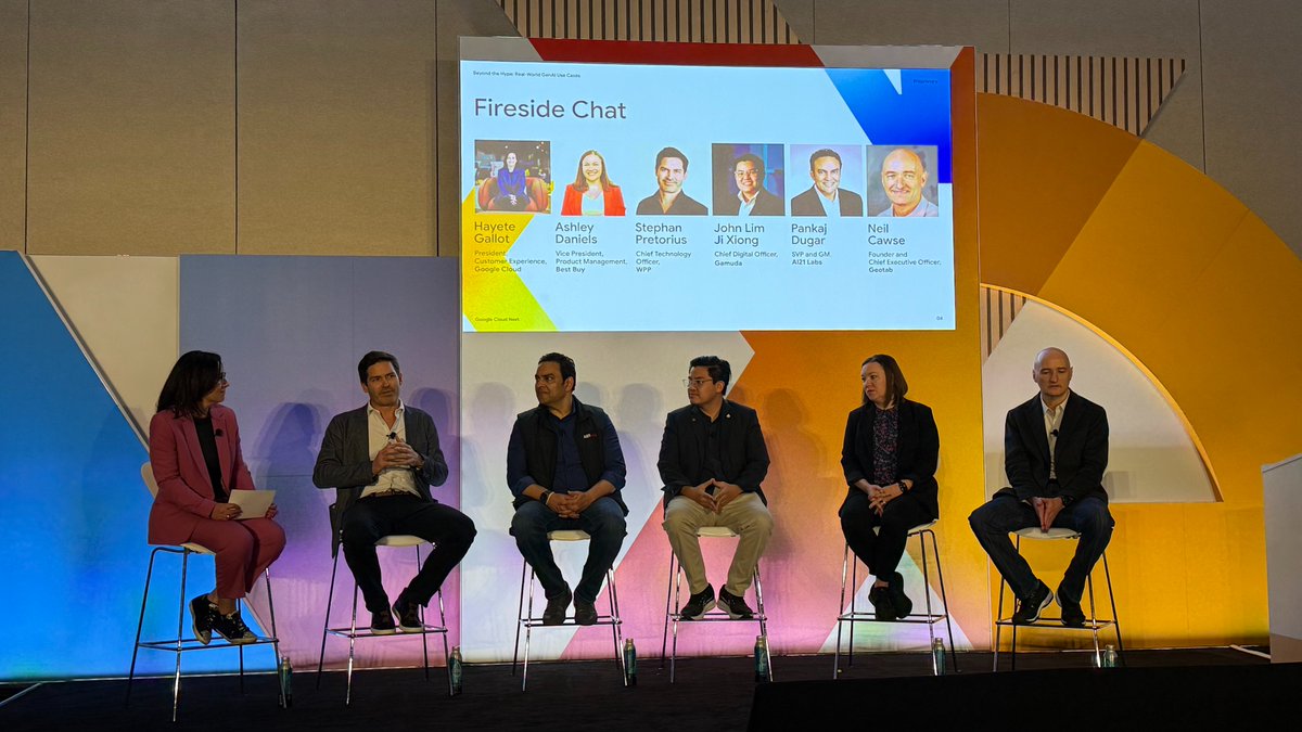 Afternoon customer panel #GoogleCloudNEXT #AnalystSummit led by Hayete Gallot pres CX <a href="/googlecloud/">Google Cloud</a>, Ashley Daniels vp prod mgmt @bestbuy, <a href="/sjpretorius/">Stephan Pretorius</a> CTO @wpp, John LJ Xiong <a href="/GamudaBhd/">Gamuda</a>, <a href="/pdugar/">Pankaj Dugar</a> @ai21labs, <a href="/ncawse/">Neil Cawse</a> @geotab

Interesting applied AI stories and customer journies