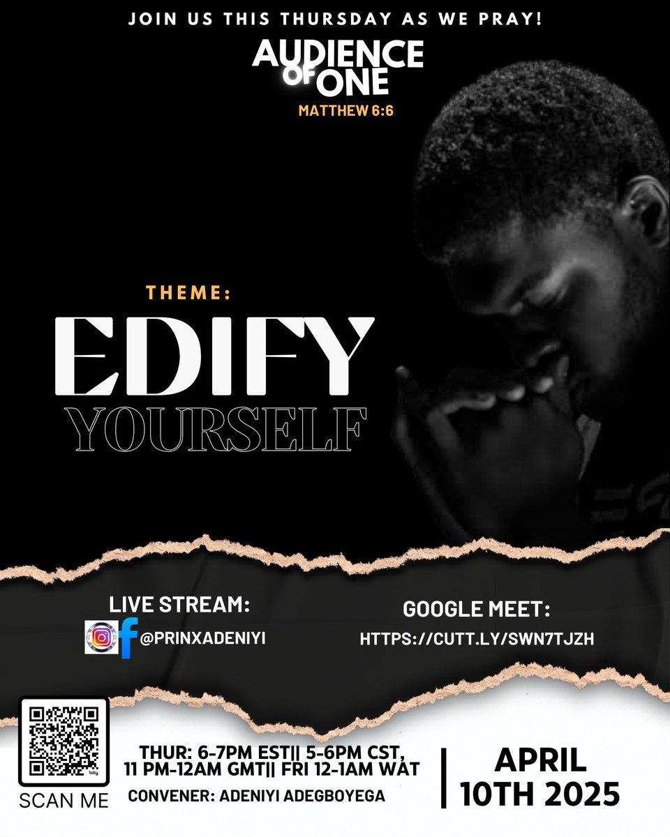 Prinxadeniyi's tweet image. Men ought always to pray, in season and out of season.

Join us in prayer tonight. 

#jesus #prayer #edifyyourself