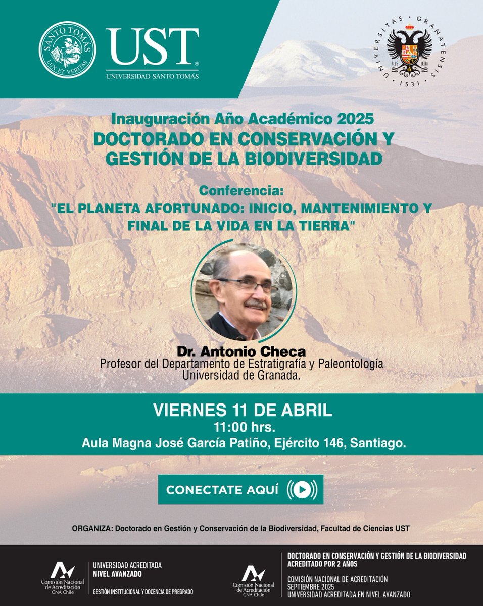 Inauguración del Año Académico del Doctorado 2025,  con una conferencia del Dr. Antonio Checa de la Universidad de Granada.

 "EL PLANETA AFORTUNADO: INICIO, MANTENIMIENTO Y FINAL DE LA VIDA EN LA TIERRA", 

🔗 Inscríbete aquí:
events.teams.microsoft.com/event/3644eab9…