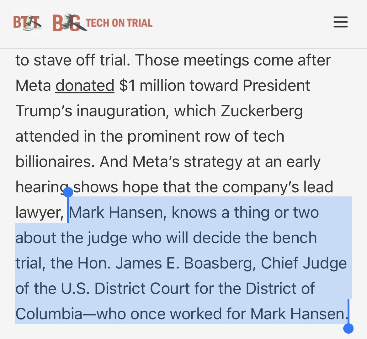 LeeHepner's tweet image. Wow. I don’t think this has been reported anywhere else: @BBenedict33 reports that Judge Boasberg, who is overseeing the trial to break up Facebook starting next Monday, used to work for Meta’s lead counsel! 😬😵💫