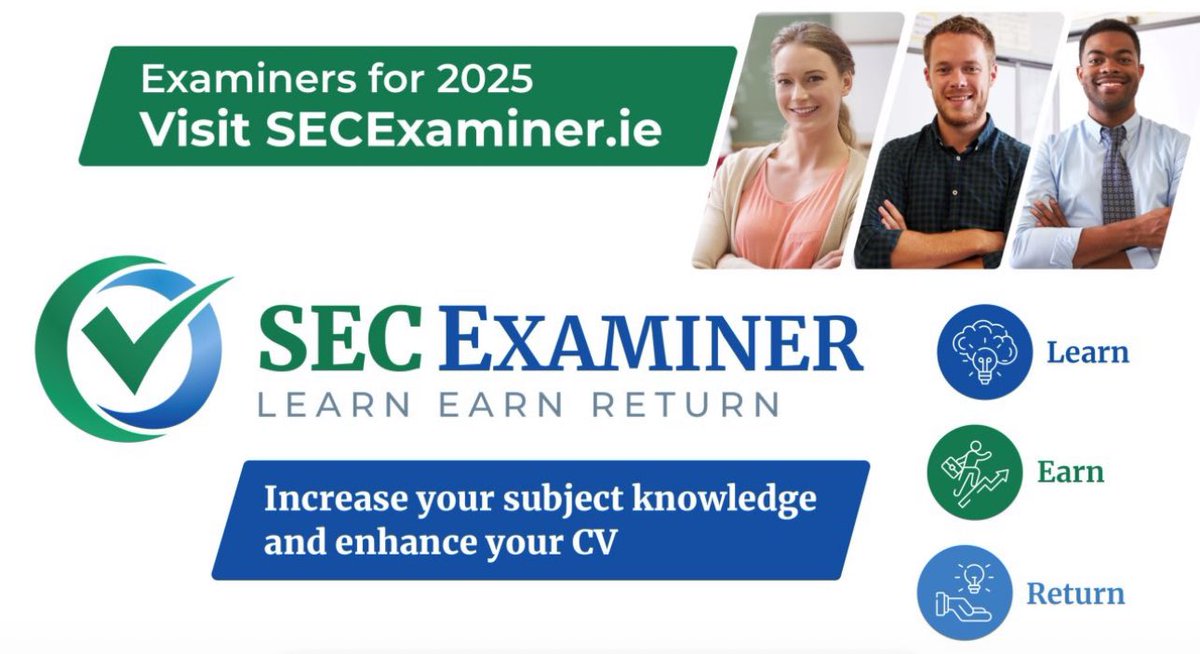 The SEC Written Examiner Recruitment Campaign 2025 is now open. Find out about working as an examiner - information on assessment, fees, enhancing your teaching skills and future opportunities. Visit secexaminer.ie to register your interest or make an application.